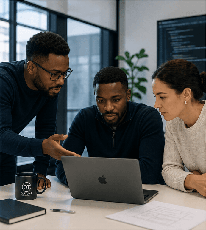 Three people collaborating around a laptop in a technology workspace